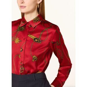 NEW Lauren Ralph Lauren Womens Medium Petite Satin Button Up Shirt Red Nautical
